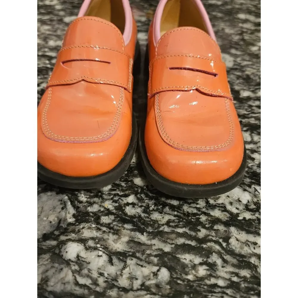 Aster orange pink patent leather penny loafers made in France little girls us 11